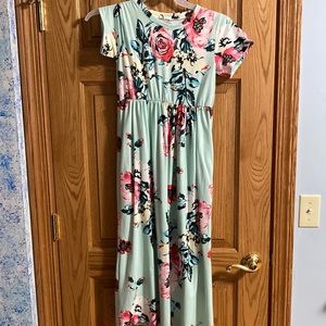 Unknown Brand Kids Large Long Mint Floral Print Pocketed Summer Dress